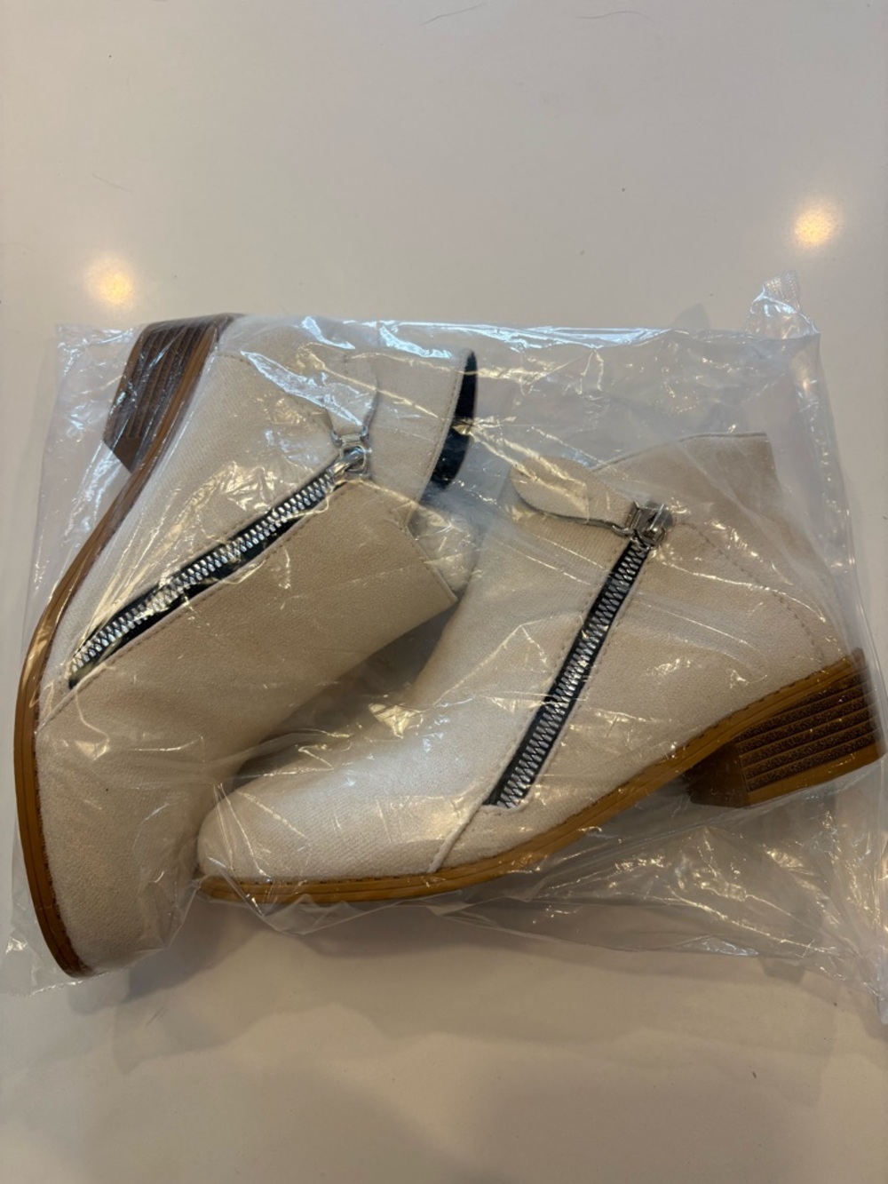Side-Zip Cream Ankle Booties with Low Stacked Heel